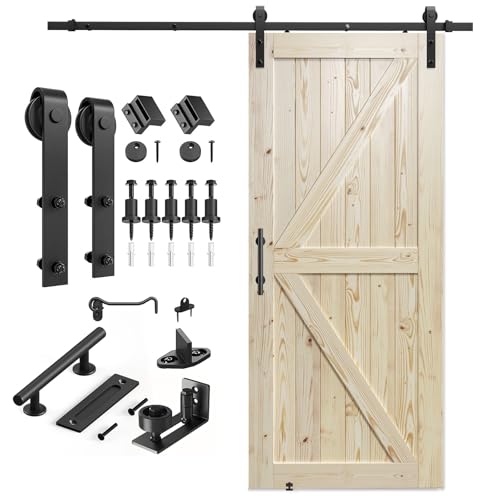 SMARTSTANDARD 36in x 84in Sliding Barn Door with 6.6ft Barn Door Hardware Kit Included, Unfinished Solid Spruce Wood Door, Assembly Required, DIY