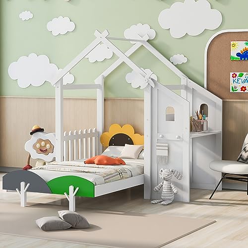 House-Shaped Twin Size Platform Bed with Windmill and Flower Decor, Solid Wood House Bed Kids Bed with Desk and 2 Handles for Girls Boys