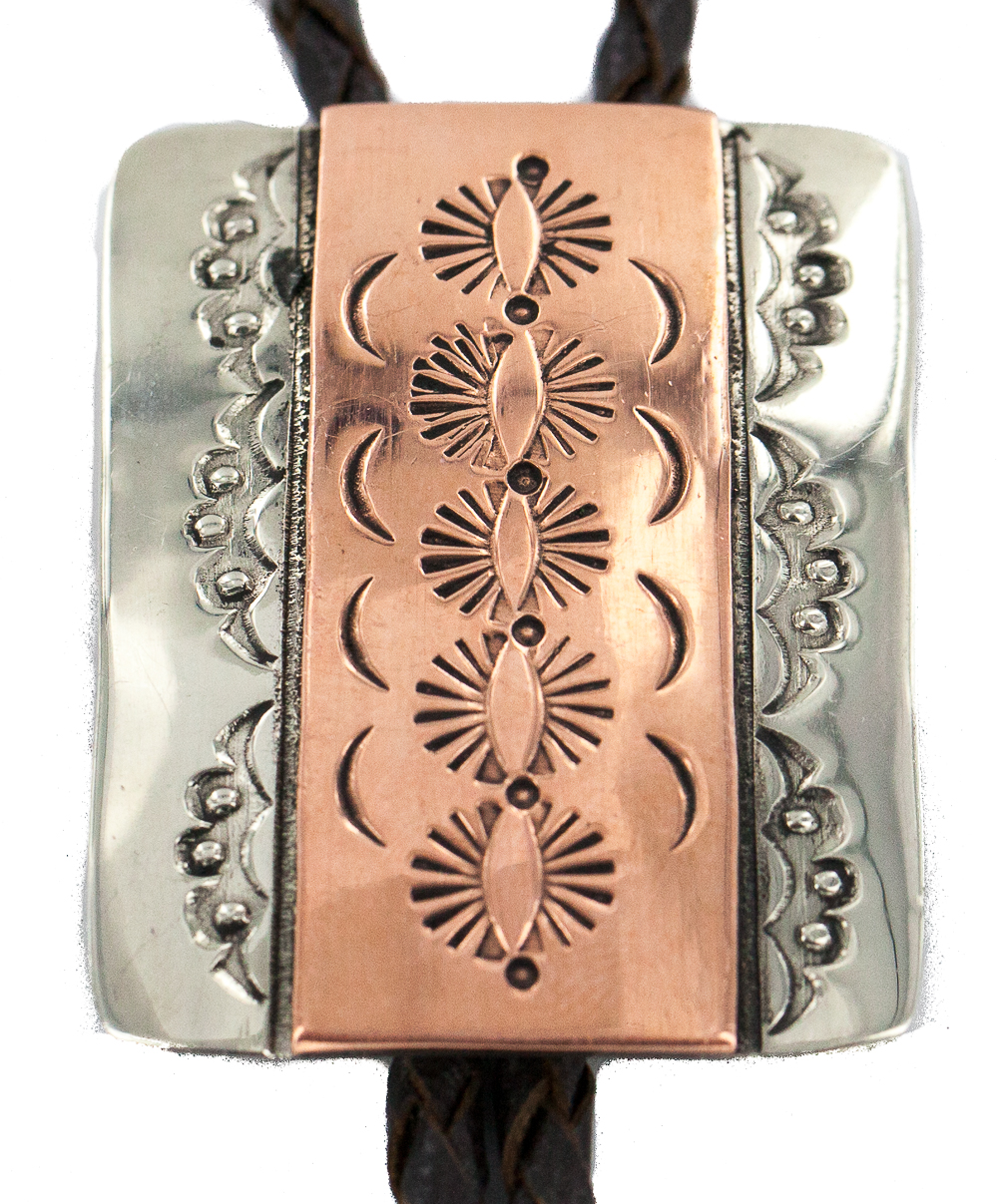 Handmade Certified Authentic Navajo Leather Pure Copper and Nickel Native American Bolo Tie