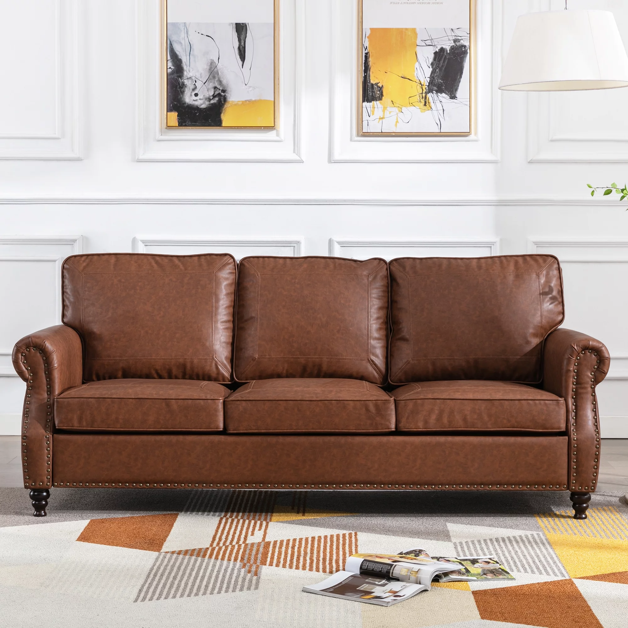 Dreamsir 80" Faux Leather Sofa Couch - Traditional 3-Seater with Nailhead Trim, Rolled Arms, and Easy Assembly (Chocolate Brown)