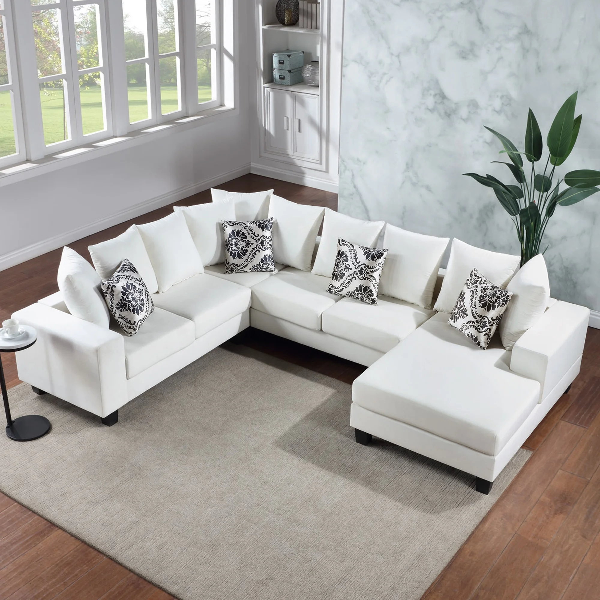 Soges Modern U Shape Sectional Sofa 110"x85", 7-Seat Velvet Sofa with Pillows, Couch Set for Living Room, Apartment, Office, White
