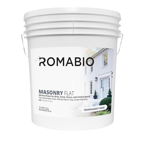 Romabio Masonry Flat, Mineral-Based Masonry Paint for Brick, Stone, Hardie Board, and Stucco - Bianco White Classico - White Base - 15 Liter
