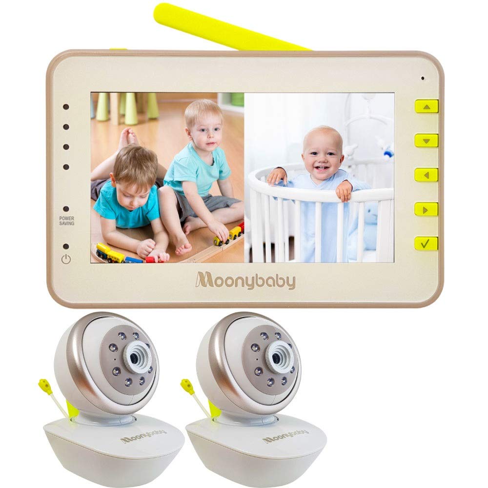 Moonybaby Split 55 Baby Monitor with 2 Cameras, Split Screen Video, No WiFi Pan Tilt Camera, Wide View Lens Included, 4.3 inches Large Monitor