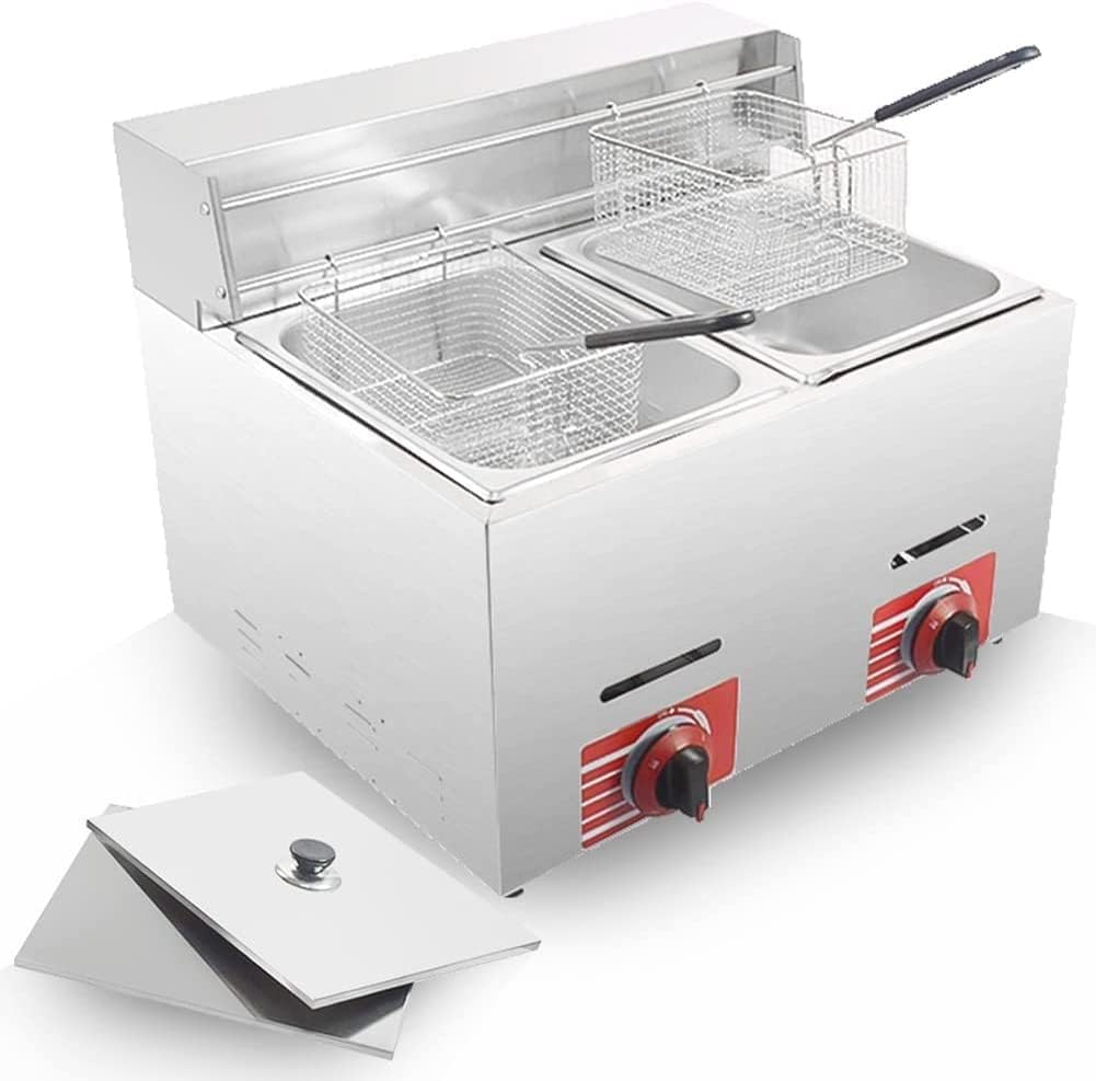 Commercial LPG Gas Deep Fryer With 10L*2 Basket And Lid Stainless Steel Countertop Propane-LPG GF-72 Propane (LPG) W/Metal Tube Home Kitchen