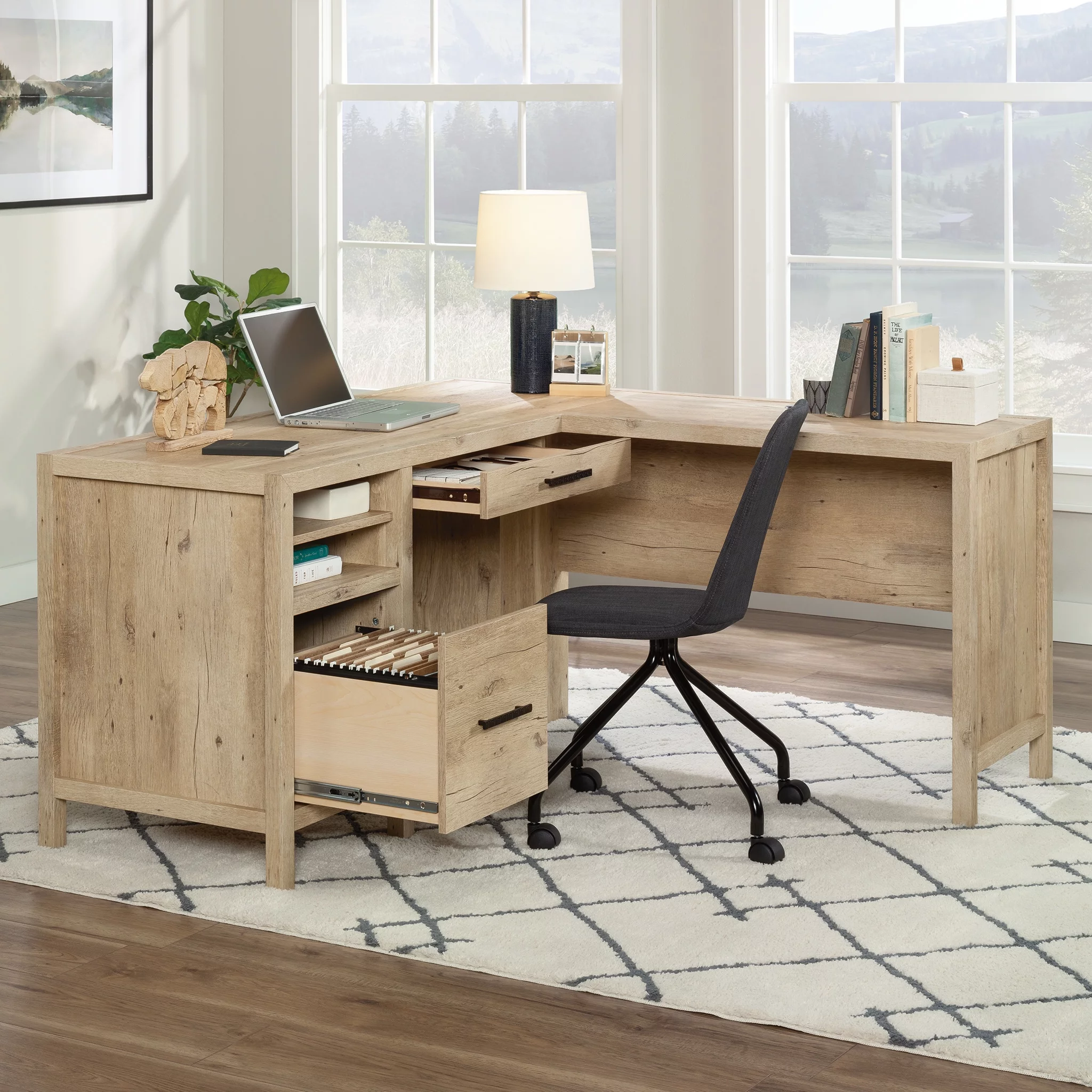 Sauder Pacific View L-Shaped Home Office Desk, Prime Oak Finish