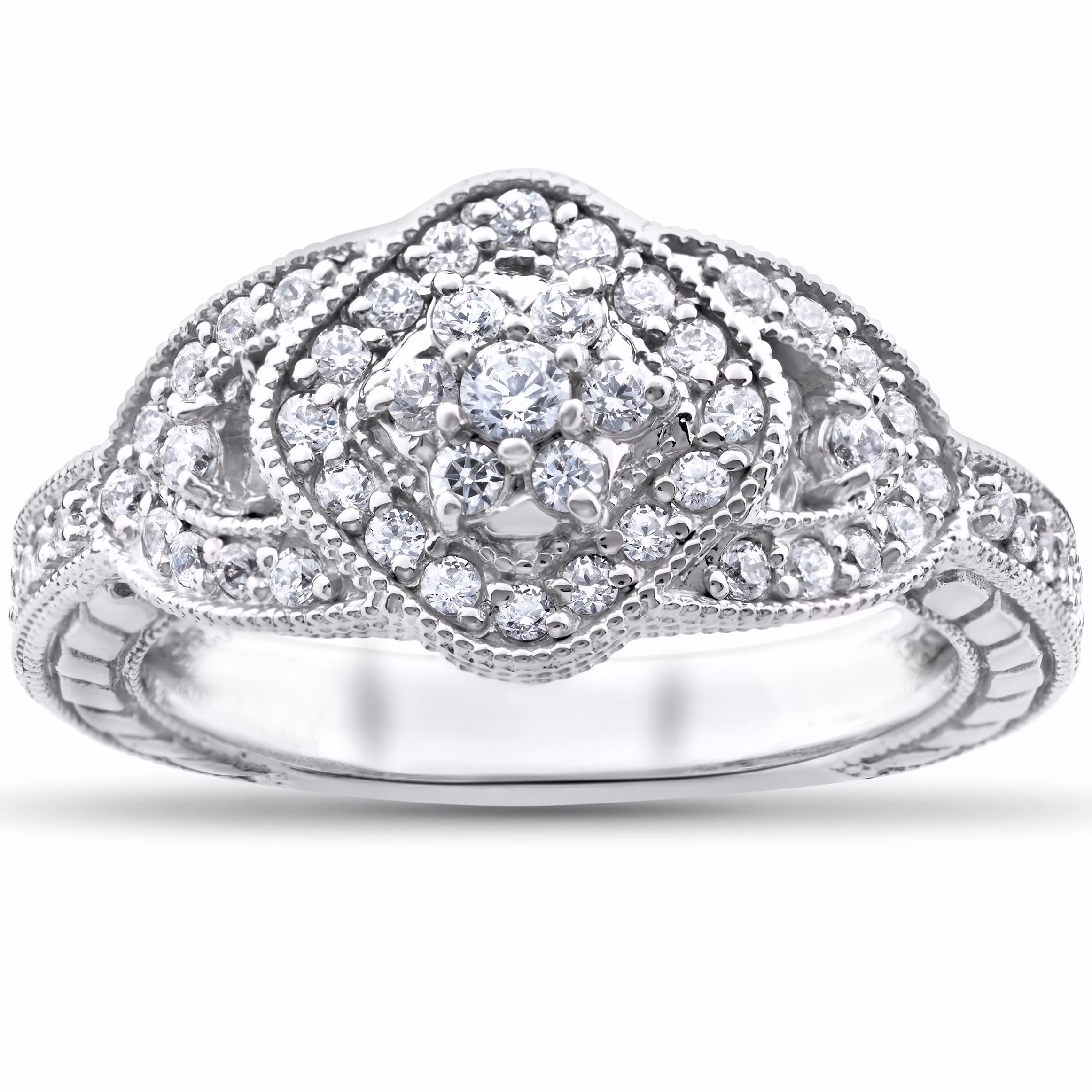Pompeii3 Diamond Engagement Ring 3/4 Carat Unique Vintage Cushion Halo 3-Stone White Gold