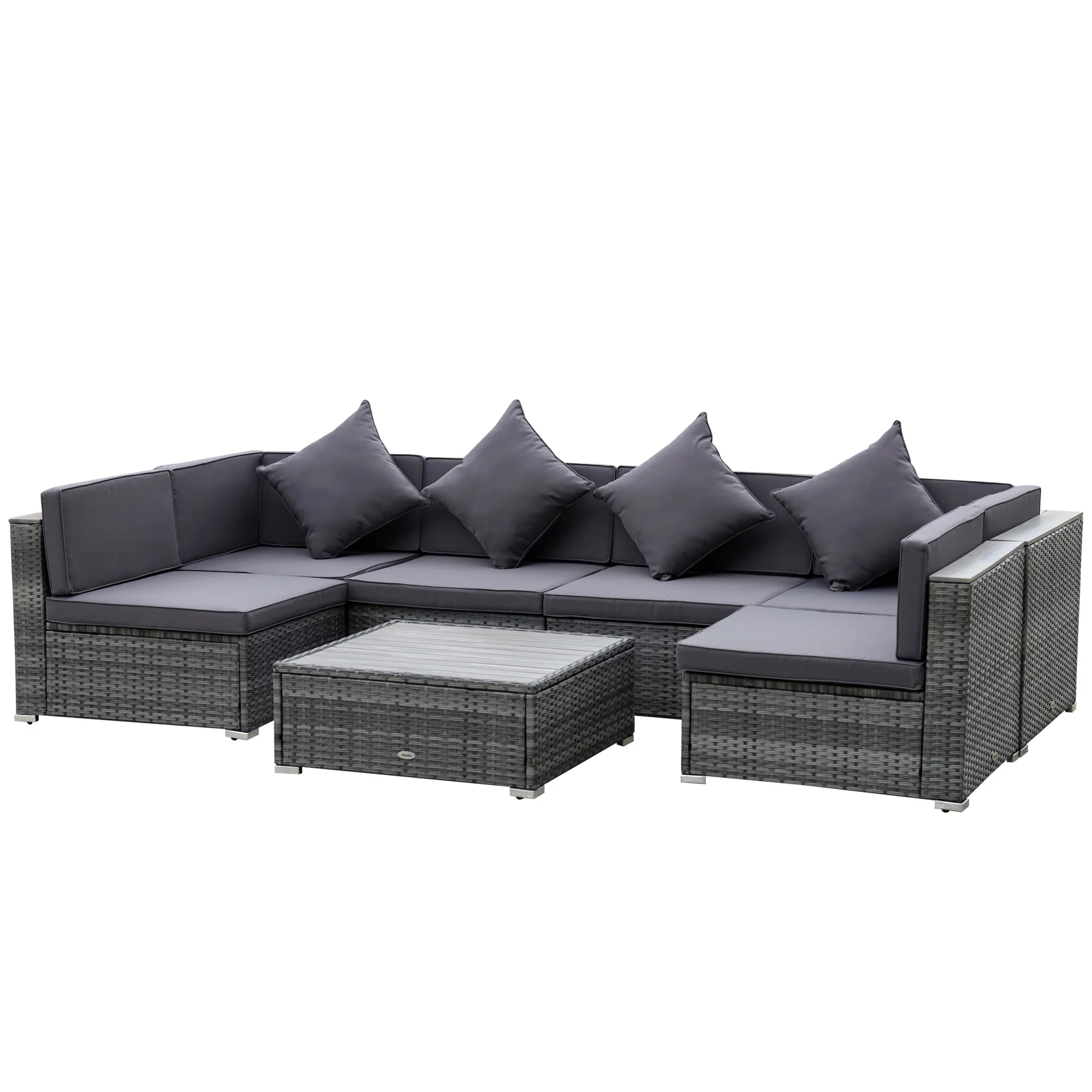 Outsunny 7-Piece Patio Furniture Sets PE Rattan Sectional Sofa Set Outdoor Conversation Set w/ Acacia Top Coffee Table & Cushion for Garden, Backyard