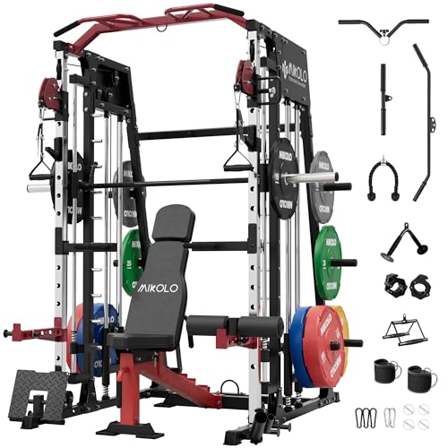 Mikolo Smith Machine, 2200lbs Squat Rack with LAT-Pull Down System & Cable Crossover Machine, Training Equipment with Leg Hold-Down Attachment