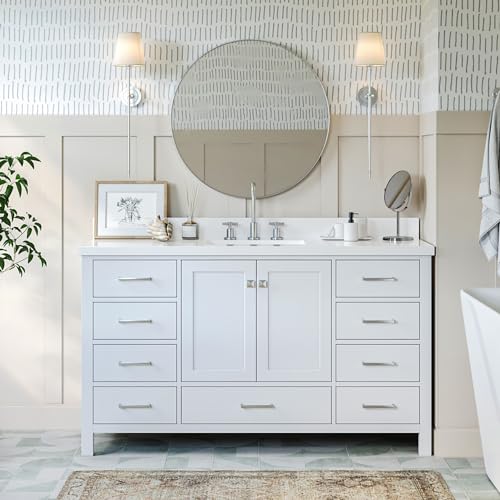 ARIEL 61" White Bathroom Vanity with 1.5" Edge Italian Carrara Marble Countertop & Backsplash, Center Rectangular Sink, 2 Soft Closing Doors