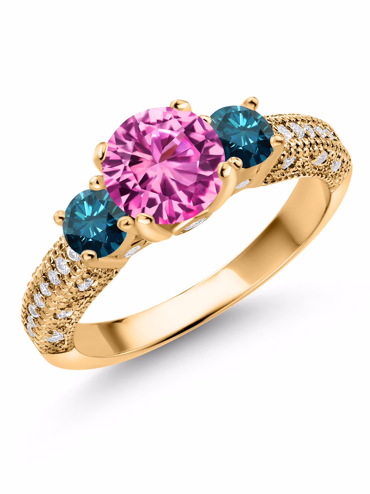 Gem Stone King 18K Yellow Gold Plated Silver Pink Created Sapphire Blue Diamond and White Moissanite Engagement Ring For Women (2.28 Cttw