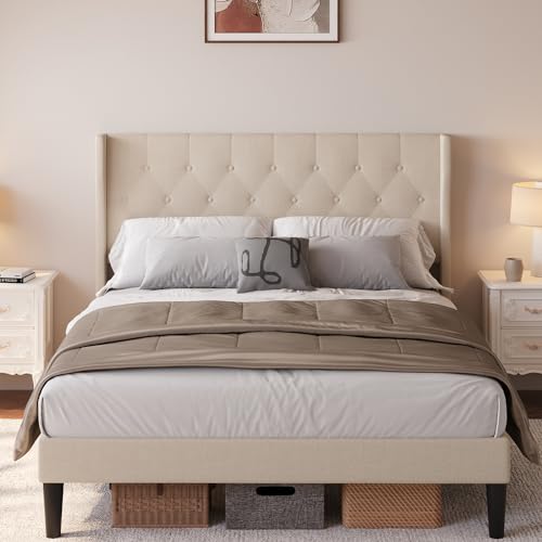 Aiho Queen Size Bed Frame with Headboard, Upholstered Bed Frame with Solid Wooden Slats, Under Bed Storage, No Box Spring Needed, Noise-Free