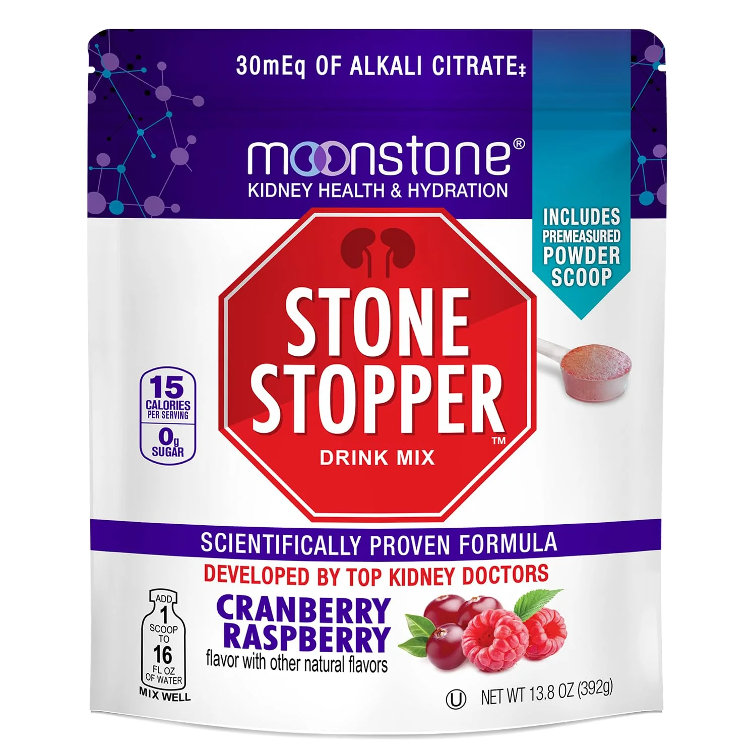 Moonstone Kidney Stone Stopper Drink Mix Cranberry Raspberry, Outperforms Chanca Piedra & Kidney Support Supplements