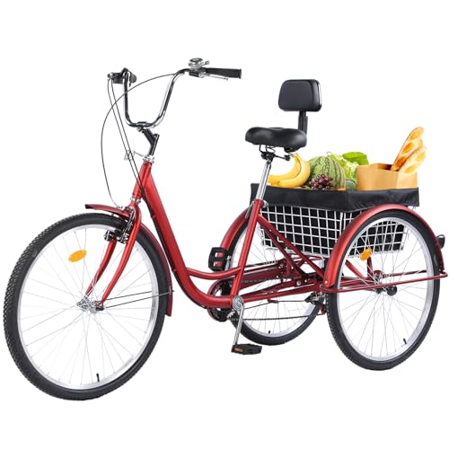 Adult Tricycles, 7 Speed Adult Trikes 24 inch 3 Wheel Bikes, Cruise Bike with Basket for Seniors, Women, Men for Recreation, Shopping, Exercise