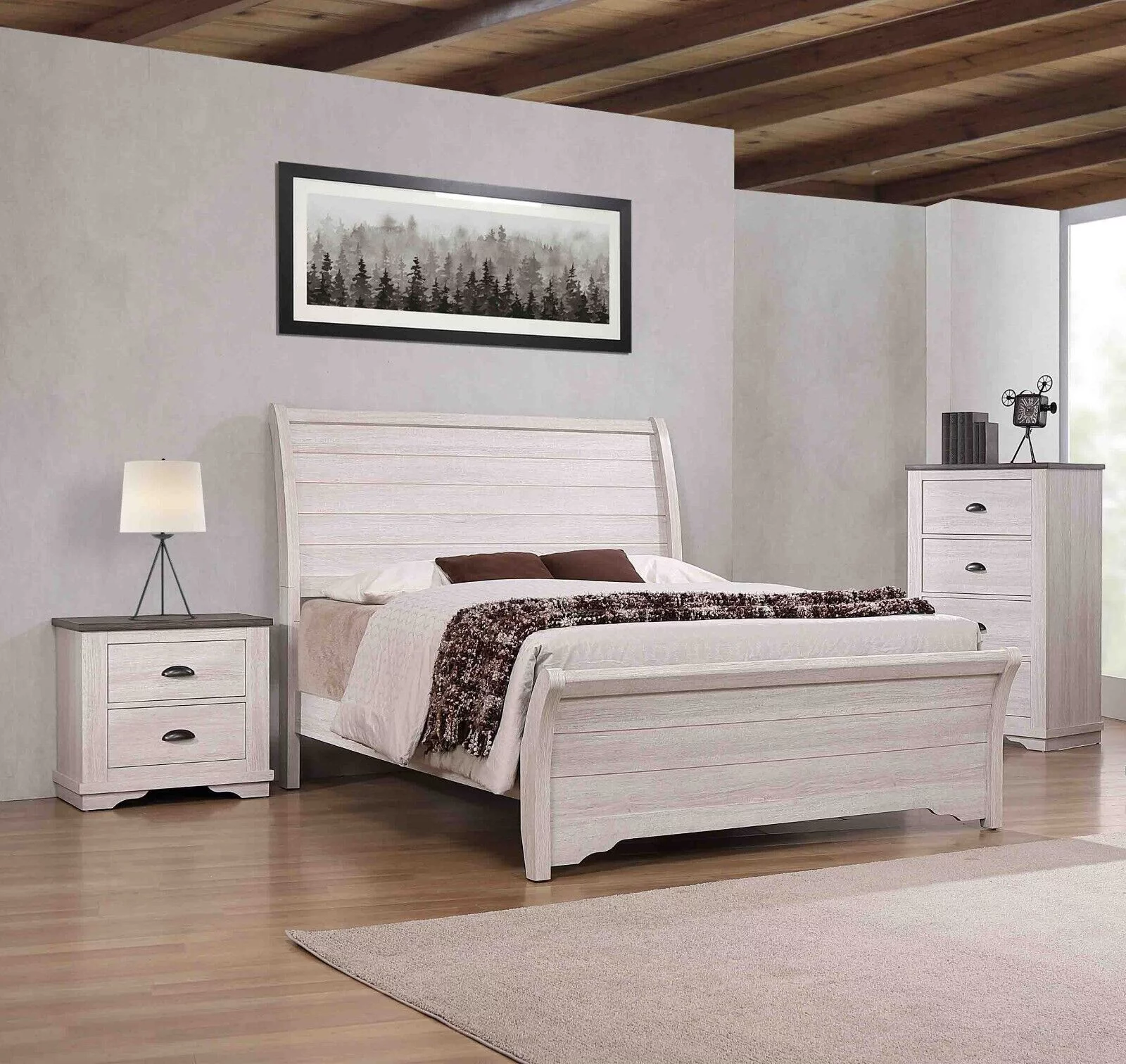 3Pc Rustic Chalk Finish King Size Bed Chest Nightstand Set Solid Wood Bedroom Furniture