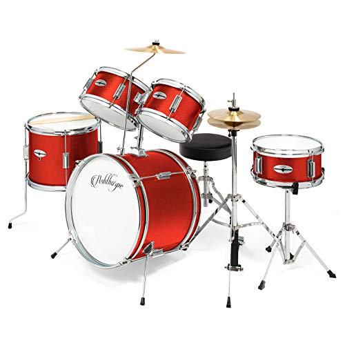 Ashthorpe 5-Piece Complete Junior Drum Set with Genuine Brass Cymbals - Advanced Beginner Kit with 16" Bass, Adjustable Throne, Cymbals, Hi-Hats