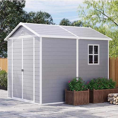 Patiowell 6 x 8 FT Plastic Outdoor Storage Shed with Floor, Resin Shed Perfect to Store Patio Furniture, Garden Tools Bike Accessories