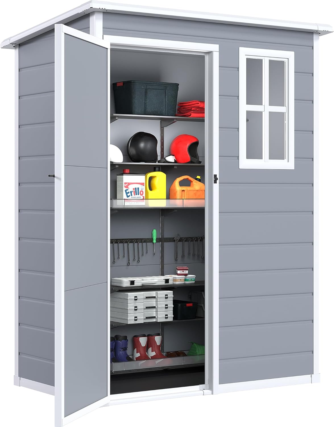 DWVO 5x3ft Resin Outdoor Storage Shed with Floor, Waterproof Lockable Storage Shed with Window, Plastic Outside Tool Storage for Garden, Backyard
