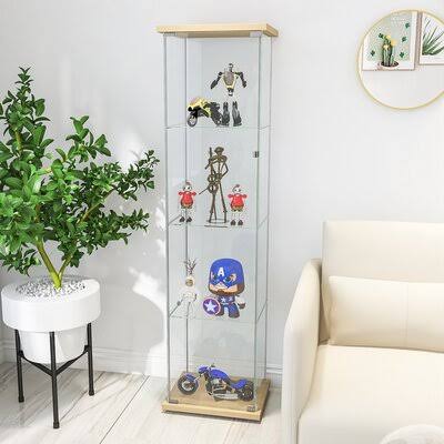 Glass Cabinet-W Glass Display Cabinet 4 Shelves with DOOR, Floor Standing Curio Bookshelf for Living Room Bedroom Office, 64” x