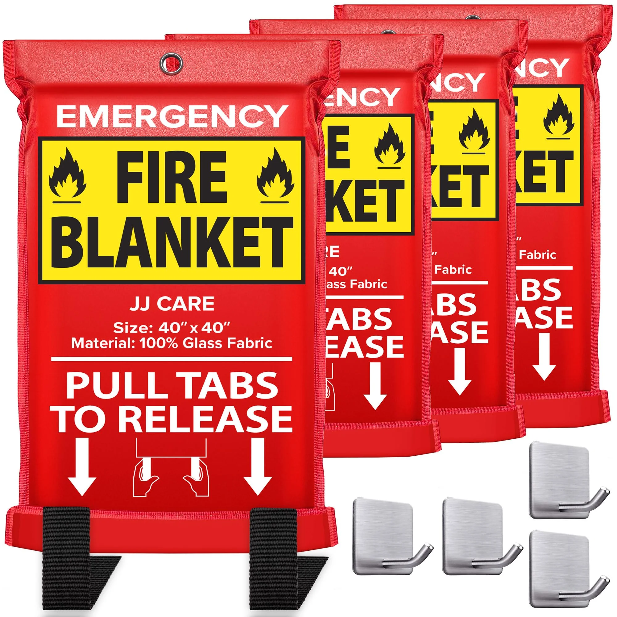 JJ CARE Fire Blanket – 4 Packs with Hooks – Emergency Fire Blanket for Home & Kitchen, High Heat Resistant Fire Suppression Blankets for Home Safety