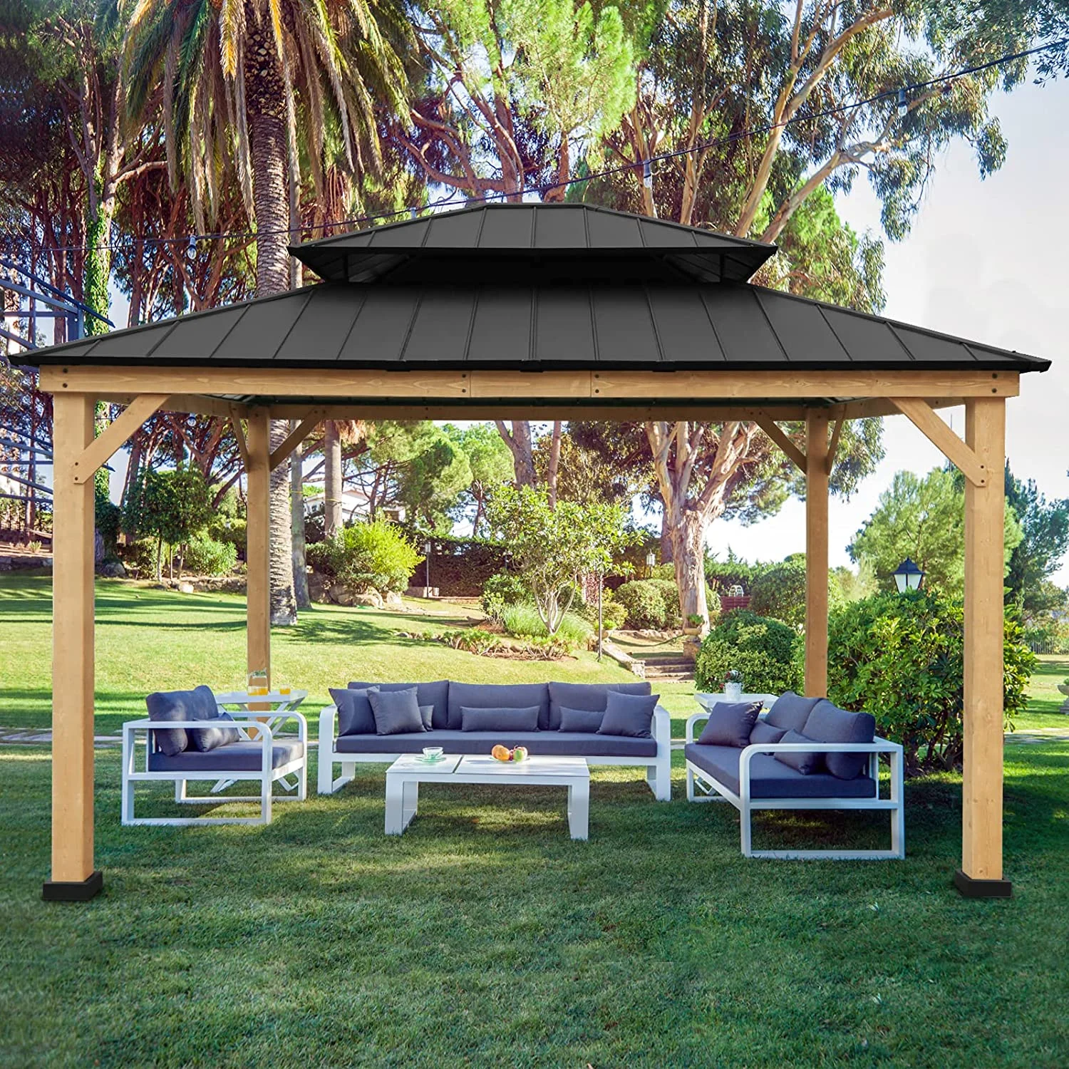 EAGLE PEAK 13' x 11' Outdoor Cedar Framed Hardtop Gazebo, Galvanized Steel Double Roof Gazebo Canopy for Garden, Patio, Lawn and Party, Black