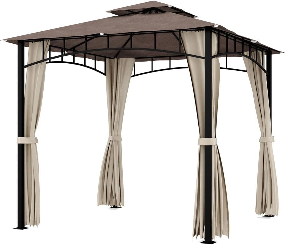 Hanover ORIANGAZ Orianna x 8-Ft. Soft Top Outdoor Gazebo Canopy with Curtains and Roof Vent, Tan/Brown