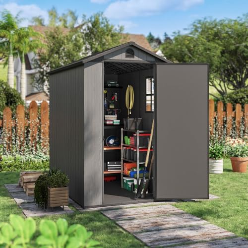 Patiowell 4 x 6 FT Plastic Shed for Outdoor Storage, Resin Shed with Window and Lockable Door for Garden, Backyard, Tool Storage Use, Easy to Install