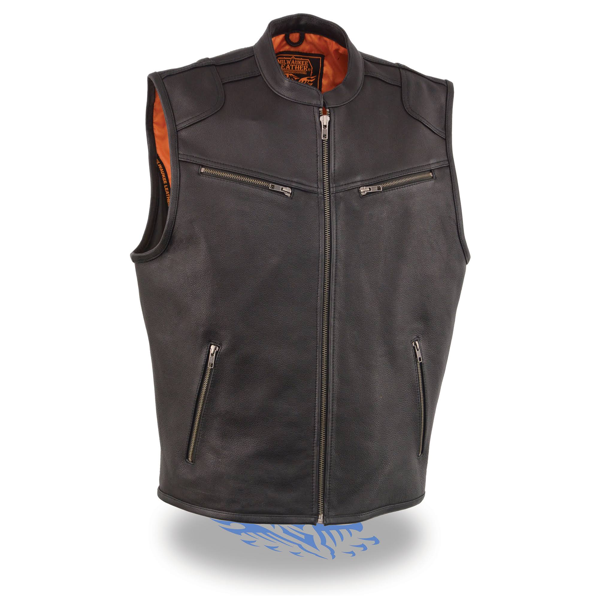 Men&s Zipper Front Leather Vest w/ Cool Tec Leather Black