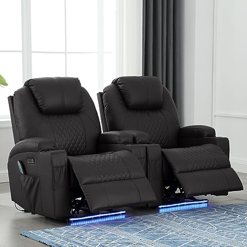 Power Recliner Chair with Heat and Massage, PU Leather Home Theater Seating w/LED Lights/Cup Holders/Side Pocket/USB Port