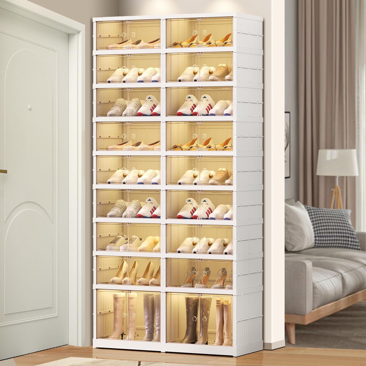 9 Tier Foldable Shoe Rack Organizer for Closet 18-36Pairs Plastic Collapsible Shoe Shelf for front door entrance Stackable Clear Folding Shoes