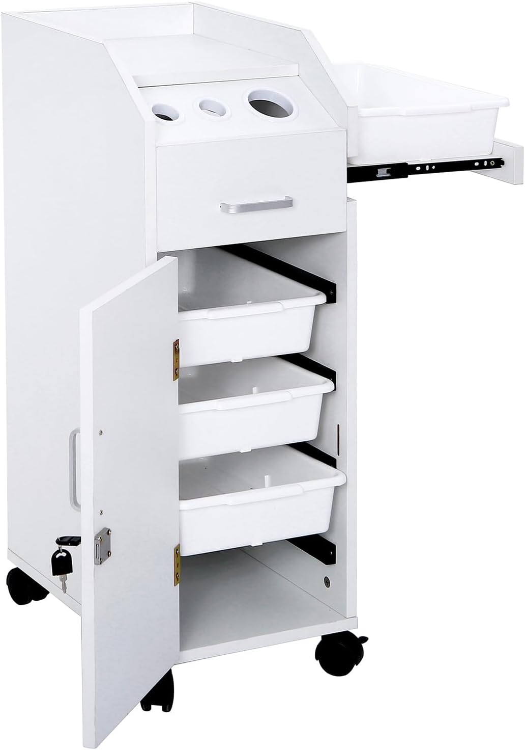 Rolling Hair Salon Storage Cart with Wheels & 3 Hair Dryer Holders & Drawers & Lock Hairdressing Tools Station Mobile Makeup Case SPA Utility Trolley