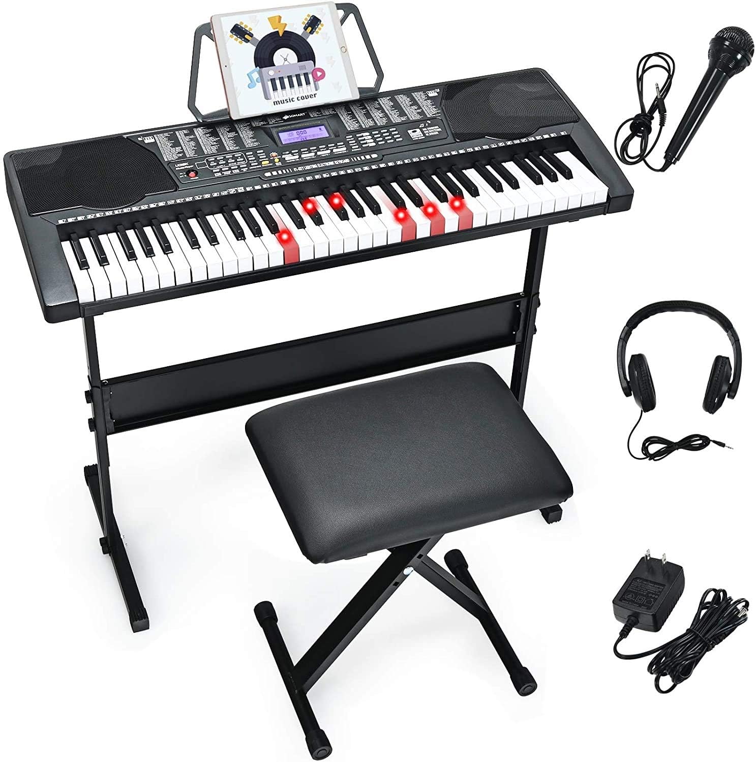 Costzon 61-Key Electronic Keyboard Piano w/Lighted Keys, Built-in Speakers, Recorder, 255 Timbres/Rhythms, 3 Teaching Modes, LCD Display, Headphones