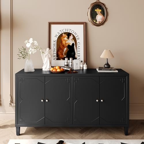 Sideboard Buffet Cabinet with Adjustable Shelves, 4 Shutter Doors, and Silver-Plated Handles, Classic Black Finish