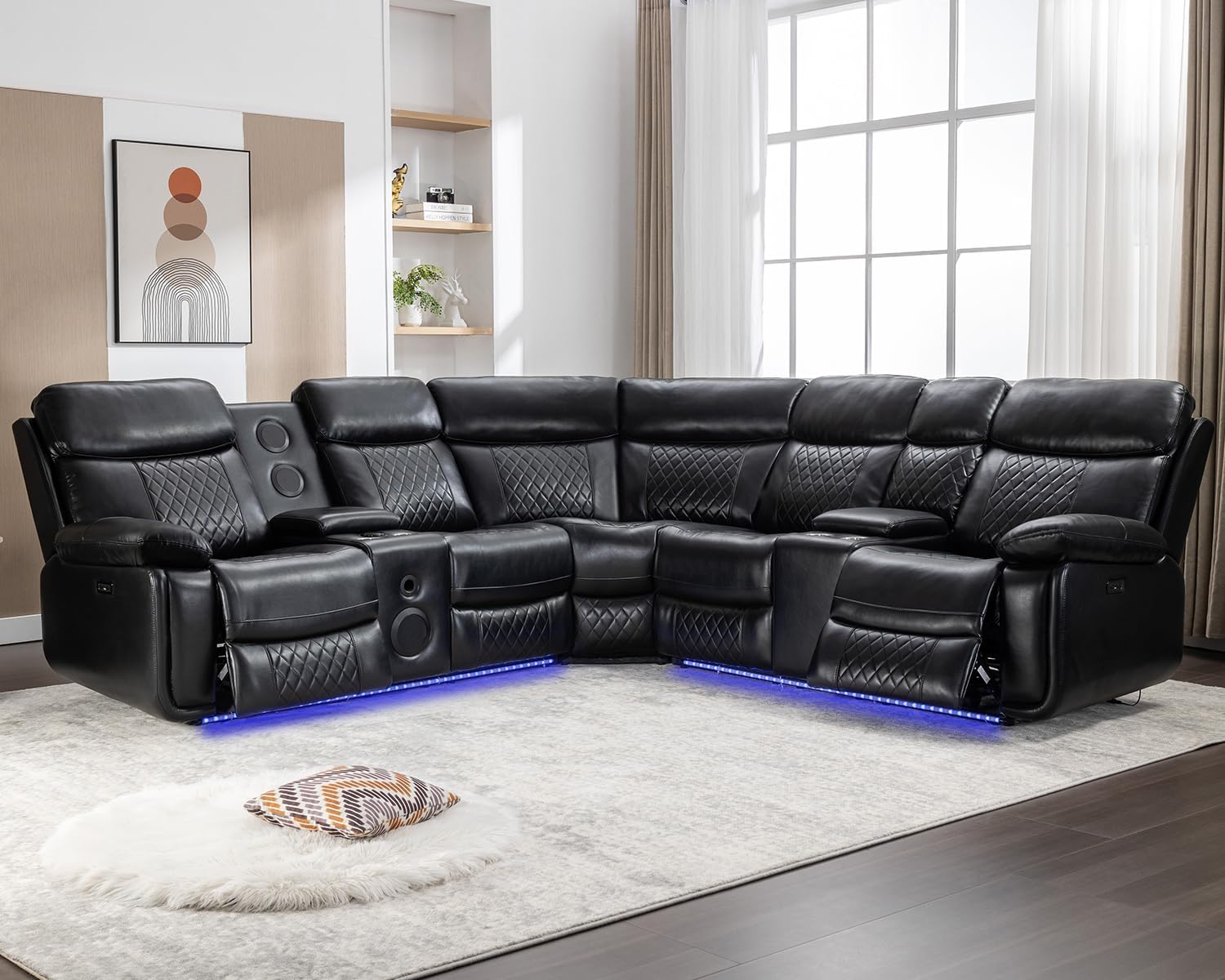 Power Reclining Sectional with Bass Speaker LED Light Recliner Faux Leather Reclining Sectional Couch Sofa Electric L-Shape Sectional Recliner USB