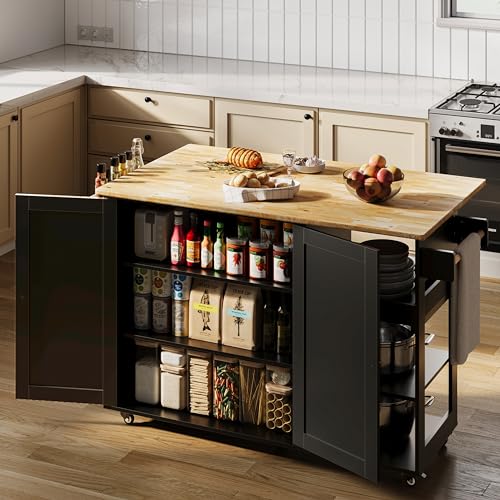 Gizoon Rolling Kitchen Island with Drop Leaf, 60.6" Width Wood Countertop, Kitchen Carts on Wheels with Large Storage Cabinet, Adjustable Shelf