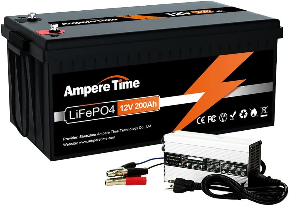 Ampere Time 12V 200Ah LiFePO4 Battery with 14.6V 20A Dedicated Lithium Battery Charger; Built-in 100A BMS, 4000+ Cycles, for RV, Solar, Marine