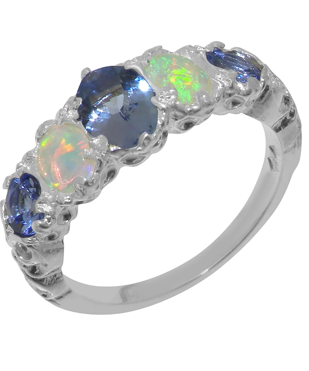 LBG British Made 14k White Gold Natural Tanzanite & Opal Womens Band Ring - 33 size options - Size 10