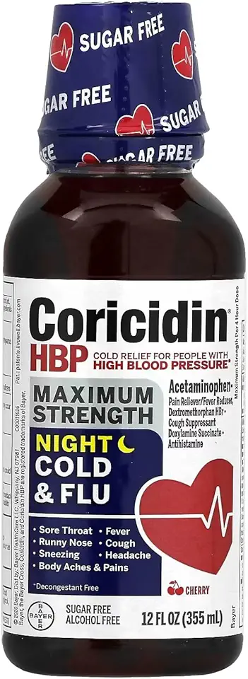 Coricidin HBP Nighttime Multi-Symptom Cold Liquid Cherry, 12 Fl Oz (Pack of 3) - Kansas Nuitrition - HNZSDS