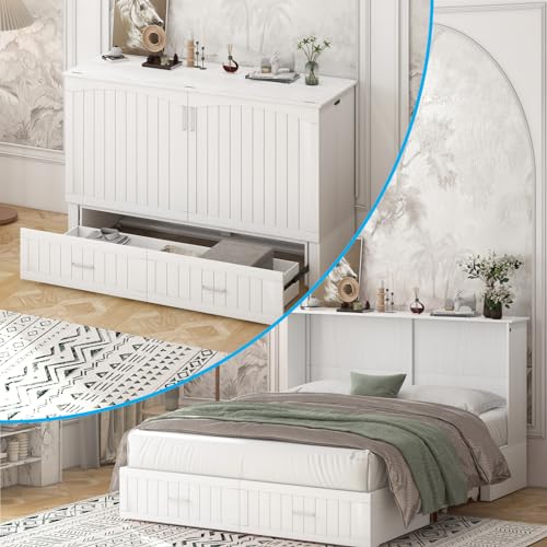 Queen Murphy Bed, Murphy Cabinet Bed with Tri-fold Mattress & USB Charging Station, Murphy Chest Bed with 2 Storage Drawer