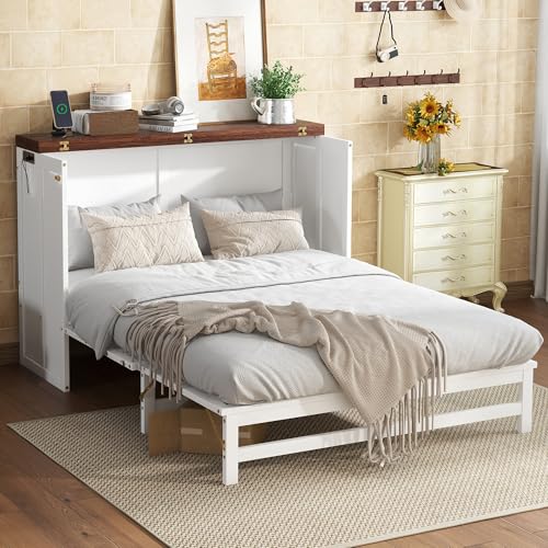 SOFTSEA Queen Size Murphy Bed Cabinet Bed with Storage Drawer and Charging Station, Modern Foldable Platform with USB Port