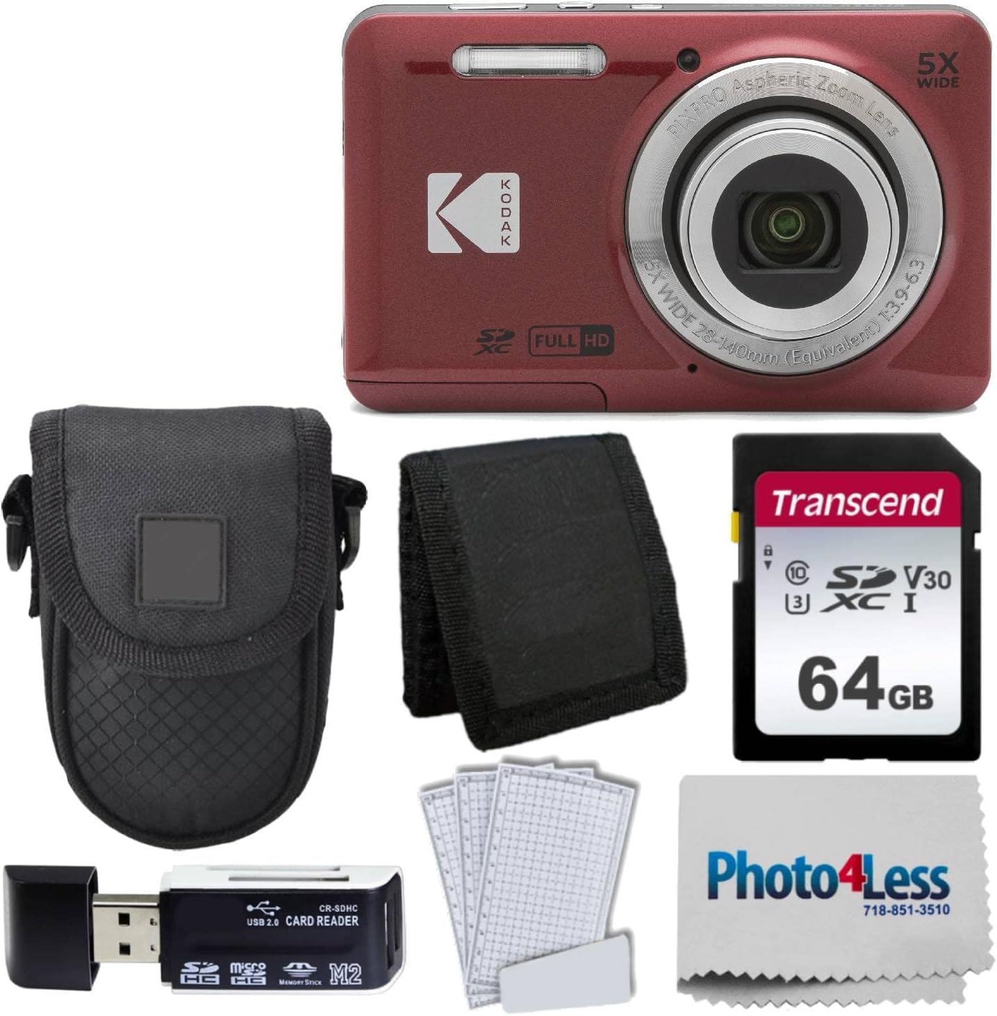 Kodak PIXPRO FZ55, 16MP 28mm Wide-Angle Digital Camera (Red) + Accessories Bundle