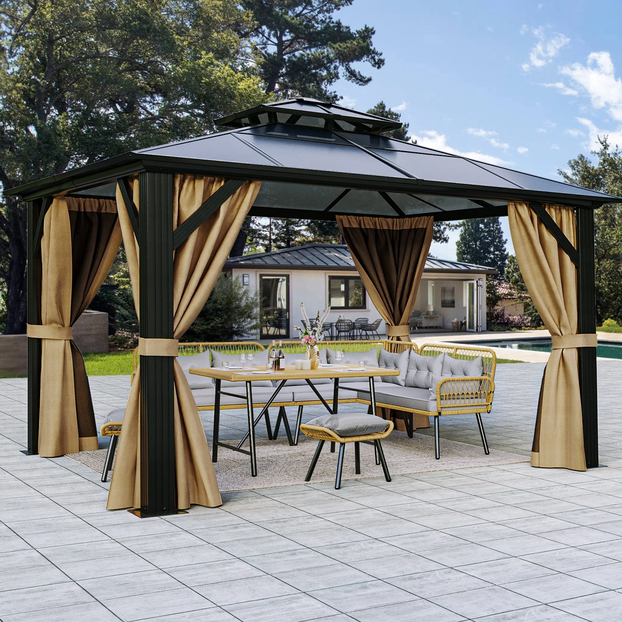 Dextrus 12x14FT Gazebo Hard-Top Double Roof Canopy Outdoor with Netting and Shaded Curtains, Aluminum Frame Hardtop Garden Tent for Patio, Backyard