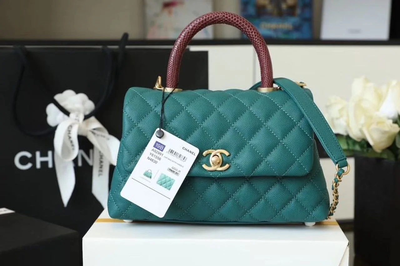 Chanel Medium Flap Bag With Top Handle Teal For Women, Womens Handbags, Shoulder And Crossbody Bags 9in/23cm A92990