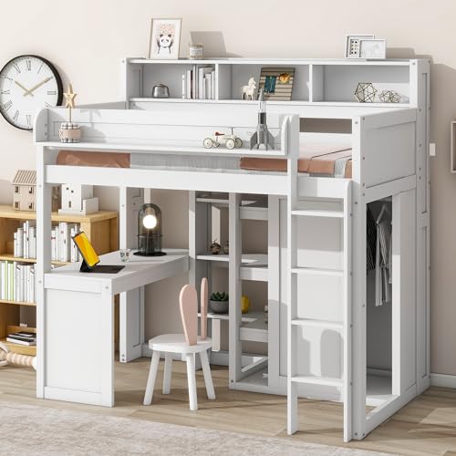 SOFTSEA Twin Size Loft Bed with Desk & Storage, Wood Loft Bed with Wardrobe and Storage Shelves