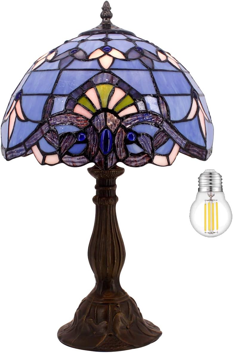 WERFACTORY Tiffany Lamp Stained Glass Table Lamp 12X12X18 Inches Blue Purple Baroque Style Lavender Bedside Reading Desk Light Decor Bedroom Living