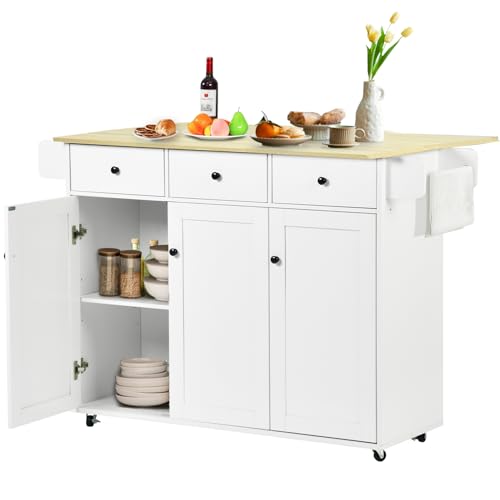 FurnitureR Mobile Kitchen Island Cart with Drop Leaf – Rolling Storage Cabinet, Light Oak Top
