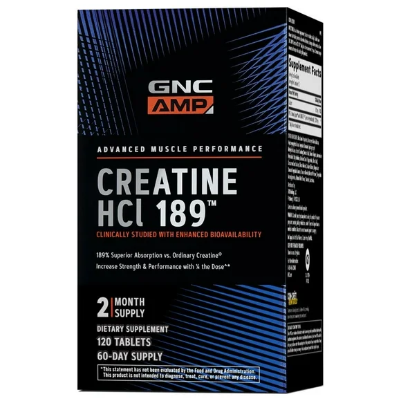 GNC AMP Creatine HCl 189 Pills, Clinically Proven Strength & Muscle Builder, Fast Absorbing Athletic Performance, Energy Production, Recovery