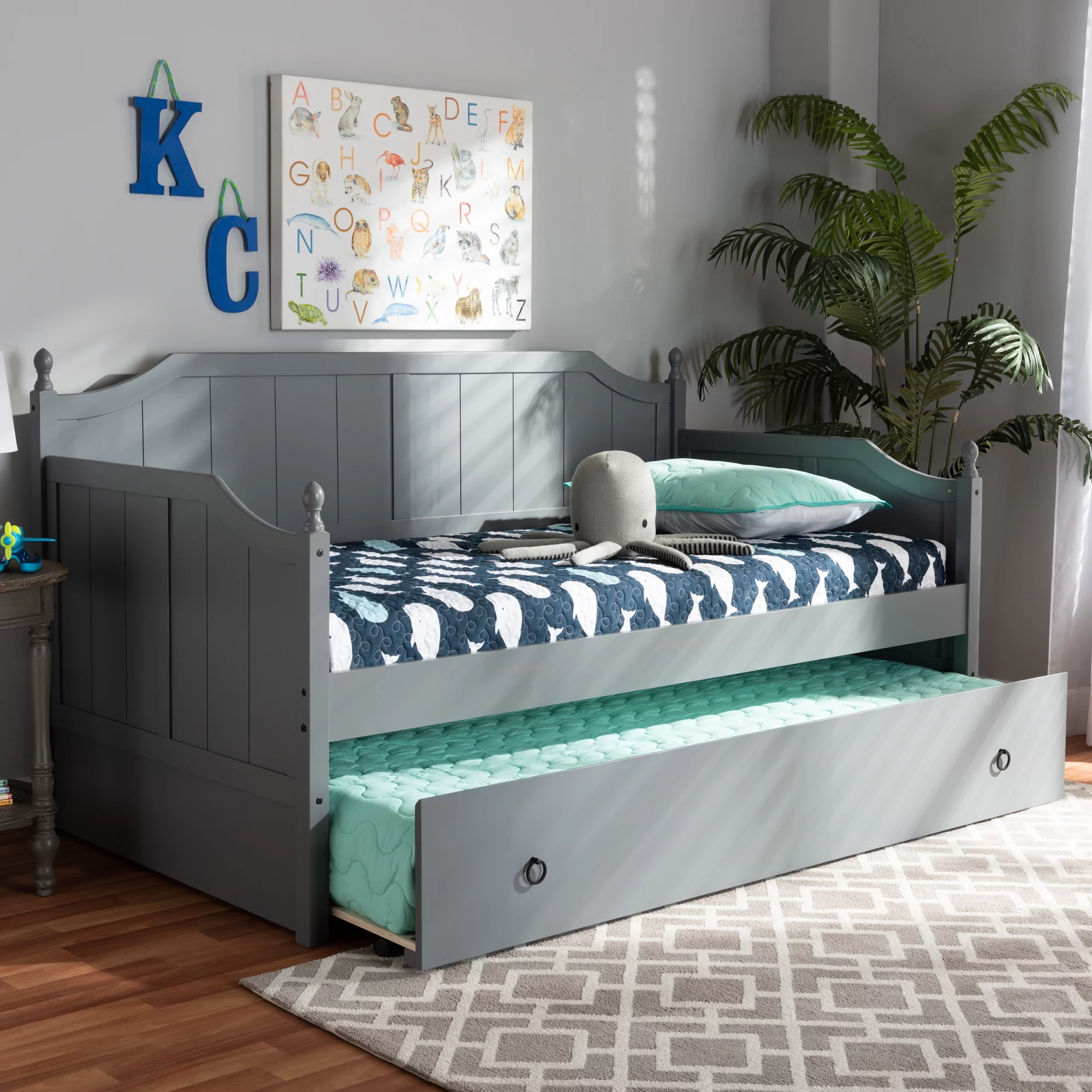 Baxton Studio Millie Cottage Farmhouse Wood Daybed with Trundle, Twin, Grey