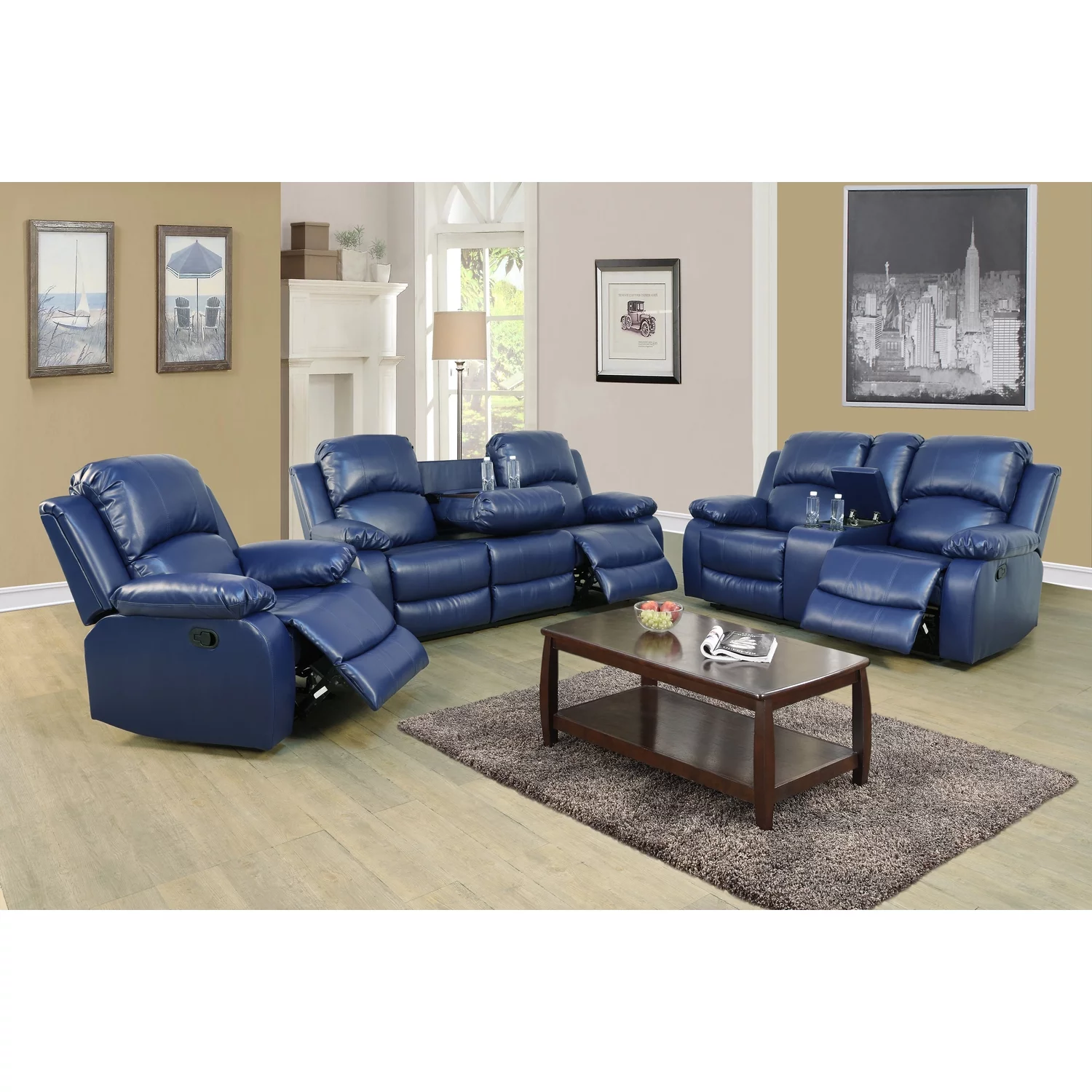Lifestyle Furniture Sectional Recliner Sofa Set Bonded Leather 3 PCS Motion Sofa Loveseat Recliner Couch Manual Reclining Chair with Drop Down Table