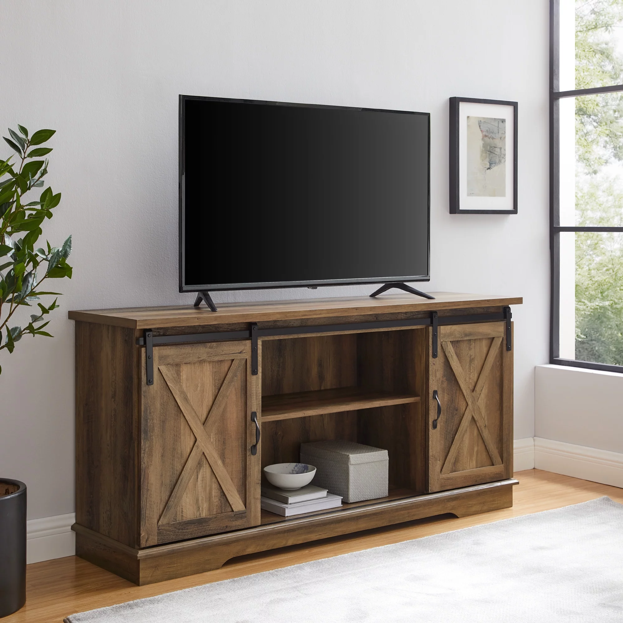 Woven Paths Sliding Farmhouse Barn Door TV Stand for TVs up to 65", Reclaimed Barnwood