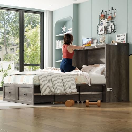 AMERLIFE Queen Murphy Bed with Storage & Charging Station, Farmhouse Murphy Cabinet with Foldable Panel, Noisy Free, for Guest Bedroom, Living Room
